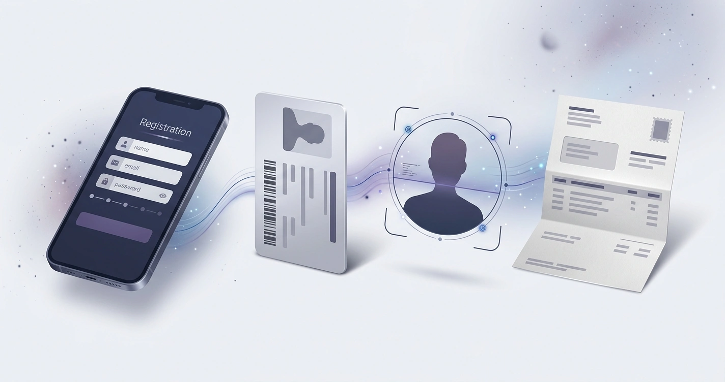 Neutralna ilustracja procesu tworzenia konta i weryfikacji tożsamości w kasynie online, bez logo i danych osobowych